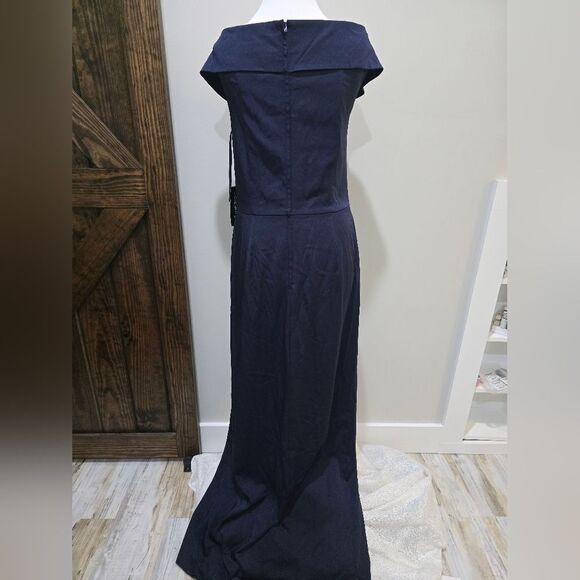 La Femme 25206 Surplice Off the Shoulder Column Gown NWT size 14 Navy Blue - Picture 4 of 5